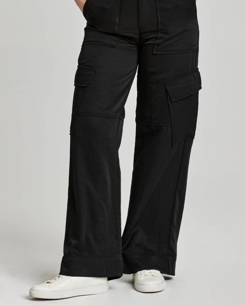 Front of a model wearing a size XL Cairo Cargo Pants in Black in Black by Another Love. | dia_product_style_image_id:332255
